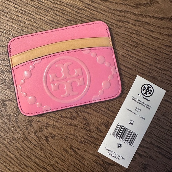 NWT! NEW! Tory Burch T Monogram Contrast Embossed Logo Pink Card Holder - Picture 1 of 4
